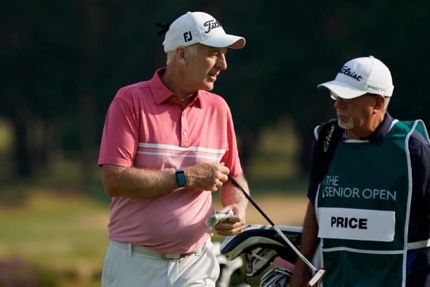 Phillip Price of Wales in action during the first round of the Senior Open presented by Rolex at Sunningdale Golf Club on July 22, 2021 in...