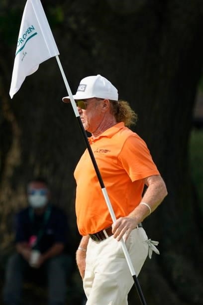 Miguel Angel Jimenez of Spain in action during the first round of the Senior Open presented by Rolex at Sunningdale Golf Club on July 22, 2021 in...