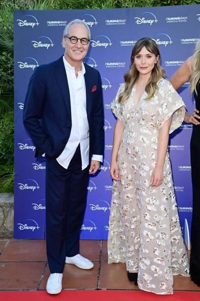 Daniel Frigo and Elizabeth Olsen attend the Filming Italy Festival at Forte Village Resort on July 22, 2021 in Santa Margherita di Pula, Italy.