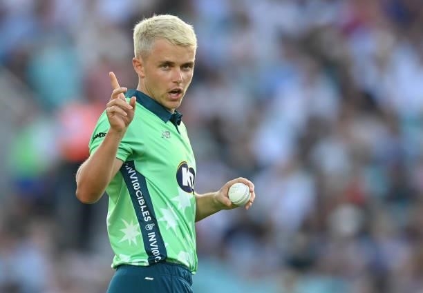 Sam Curran of Oval Invincibles gestures during the Hundred match between Oval Invincibles and Manchester Originals at The Kia Oval on July 22, 2021...