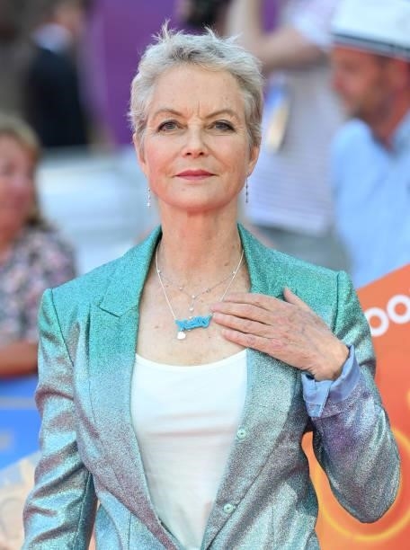 Jenny Seagrove wears a necklace in tribute to actress Kelly Preston, who died of breast cancer in 2020, as she attends the "Off The Rails