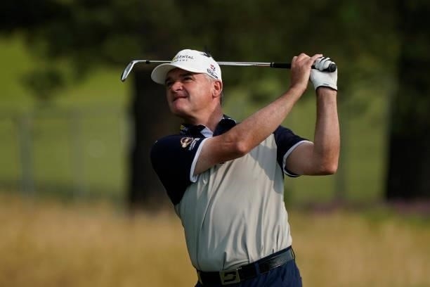 Paul Lawrie of Scotland in action during the first round of the Senior Open presented by Rolex at Sunningdale Golf Club on July 22, 2021 in...