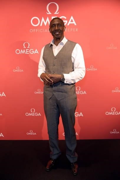 Linford Christie attends a traditional Omakase dining experience hosted by Omega to celebrate the opening of the Olympic Games at Nobu Hotel on July...