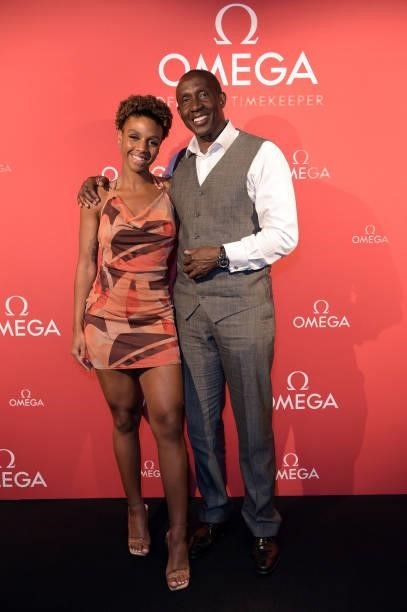 Brianna Christie and Linford Christie attend a traditional Omakase dining experience hosted by Omega to celebrate the opening of the Olympic Games at...