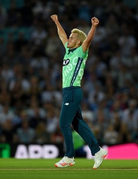Sam Curran of Oval Invincibles celebrates winning the Hundred match between Oval Invincibles and Manchester Originals at The Kia Oval on July 22,...