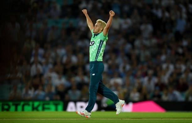 Sam Curran of Oval Invincibles celebrates winning the Hundred match between Oval Invincibles and Manchester Originals at The Kia Oval on July 22,...