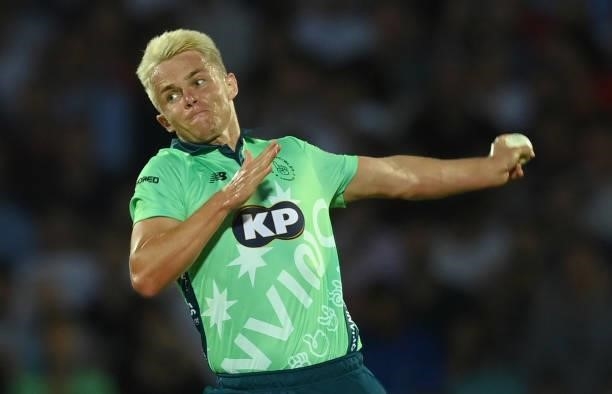 Sam Curran of Oval Invincibles bowls during the Hundred match between Oval Invincibles and Manchester Originals at The Kia Oval on July 22, 2021 in...