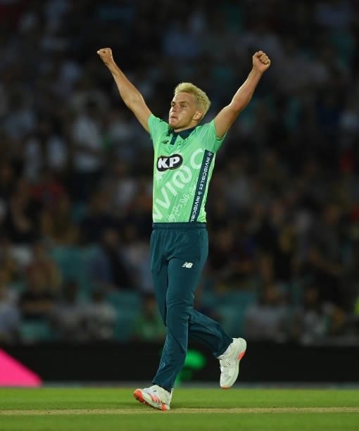 Sam Curran of Oval Invincibles celebrates after the win in the Hundred match between Oval Invincibles and Manchester Originals at The Kia Oval on...