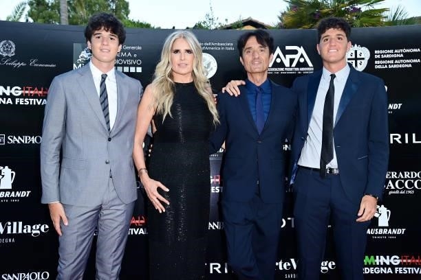 Valerio Base, Tiziana Rocca, Giulio Base and Vittorio Base attend the Filming Italy Festival at Forte Village Resort on July 22, 2021 in Santa...