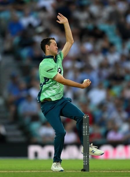 Nathan Sowter of Oval Invincibles bowls during the Hundred match between Oval Invincibles and Manchester Originals at The Kia Oval on July 22, 2021...