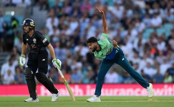 Saqib Mahmood of Oval Invincibles bowls during the Hundred match between Oval Invincibles and Manchester Originals at The Kia Oval on July 22, 2021...