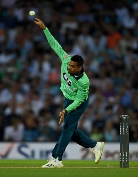 Sunil Narine of Oval Invincibles bowls during the Hundred match between Oval Invincibles and Manchester Originals at The Kia Oval on July 22, 2021 in...