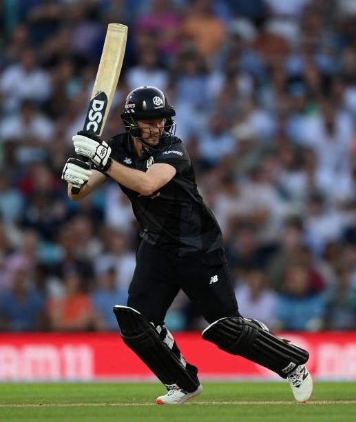 Colin Munro of Manchester Originals bats during the Hundred match between Oval Invincibles and Manchester Originals at The Kia Oval on July 22, 2021...
