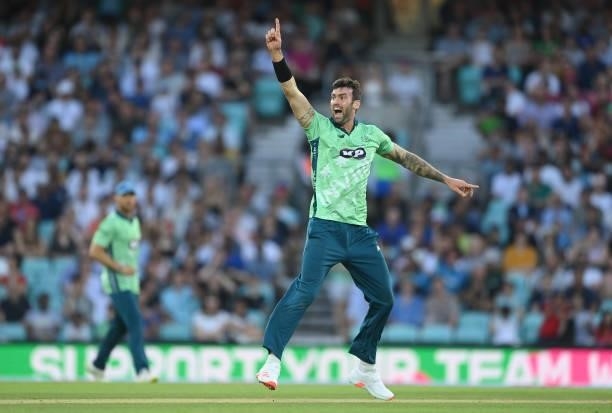 Reece Topley of Oval Invincibles appealsl during the Hundred match between Oval Invincibles and Manchester Originals at The Kia Oval on July 22, 2021...