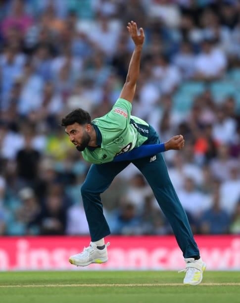 Saqib Mahmood of Oval Invincibles bowls during the Hundred match between Oval Invincibles and Manchester Originals at The Kia Oval on July 22, 2021...