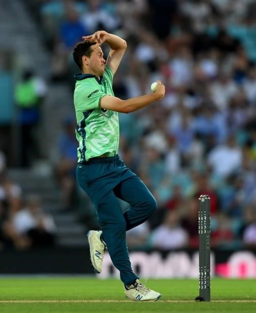 Nathan Sowter of Oval Invincibles bowls during the Hundred match between Oval Invincibles and Manchester Originals at The Kia Oval on July 22, 2021...