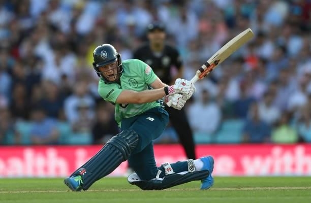 Sam Billings of Oval Invincibles bats during the Hundred match between Oval Invincibles and Manchester Originals at The Kia Oval on July 22, 2021 in...