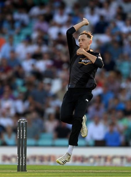 Tom Hartley of Manchester Originals bowls during the Hundred match between Oval Invincibles and Manchester Originals at The Kia Oval on July 22, 2021...