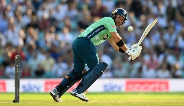 Colin Ingram of Oval Invincibles bats during the Hundred match between Oval Invincibles and Manchester Originals at The Kia Oval on July 22, 2021 in...