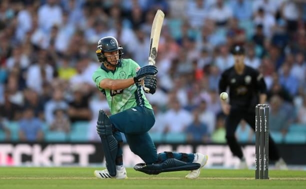 Tom Curran of Oval Invincibles bats during the Hundred match between Oval Invincibles and Manchester Originals at The Kia Oval on July 22, 2021 in...
