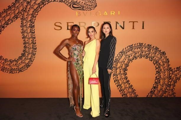 Odudu, Amy Jackson and Betty Bachz attend the Bulgari Serpenti Metamorphosis party at The Serpentine Gallery on July 22, 2021 in London, England.