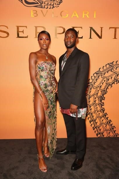 Odudu and Malachi Kirby attend the Bulgari Serpenti Metamorphosis party at The Serpentine Gallery on July 22, 2021 in London, England.