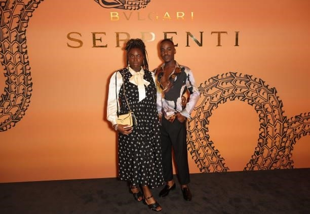Chinenye Ezeudu and Ncuti Gatwa attend the Bulgari Serpenti Metamorphosis party at The Serpentine Gallery on July 22, 2021 in London, England.