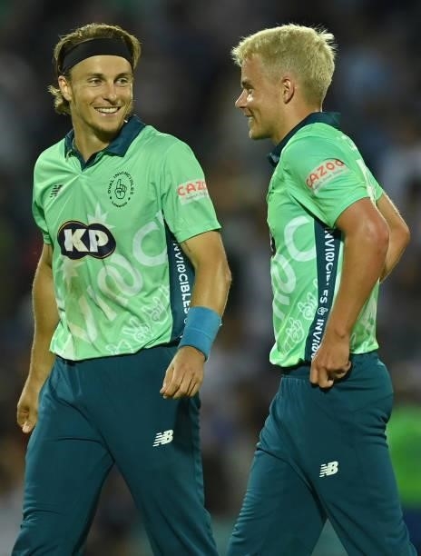 Tom and Sam Curran of Oval Invincibles smile after the Hundred match between Oval Invincibles and Manchester Originals at The Kia Oval on July 22,...