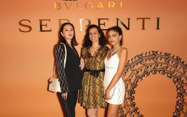 Betty Bachz, Priscilla Besquet and Banita Sandhu attend the Bulgari Serpenti Metamorphosis party at The Serpentine Gallery on July 22, 2021 in...
