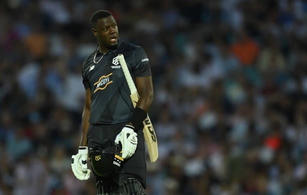 Carlos Brathwaite of Manchester Originals looks on during the Hundred match between Oval Invincibles and Manchester Originals at The Kia Oval on July...