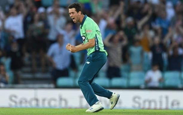 Nathan Sowter of Oval Invincibles celebrates during the Hundred match between Oval Invincibles and Manchester Originals at The Kia Oval on July 22,...