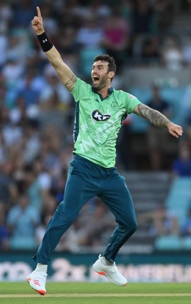Reece Topley of Oval Invincibles appeals for the dismissal of Colin Munro of Manchester Originals during the Hundred match between Oval Invincibles...