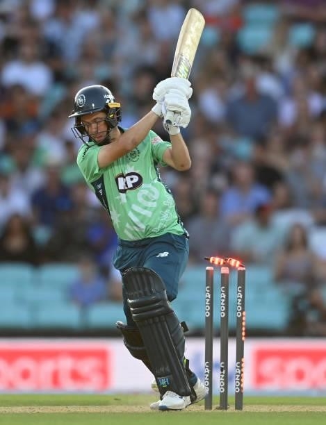 Nathan Sowter of Oval Invincibles is bowled during the Hundred match between Oval Invincibles and Manchester Originals at The Kia Oval on July 22,...