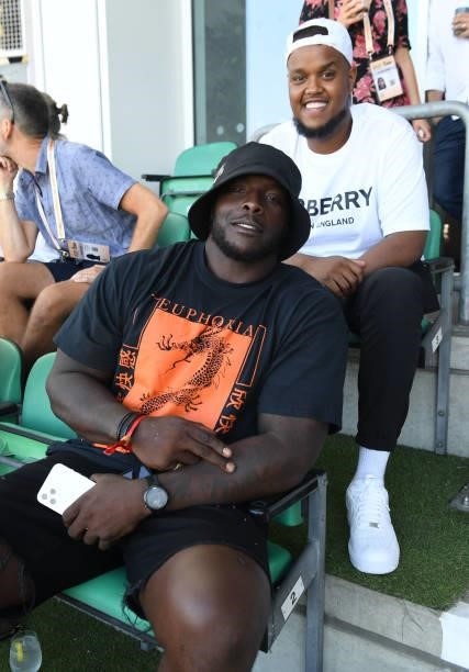 Bayo Akinfenwa and Chunkz attend the Oval Invincibles Men v Manchester Originals Men - The Hundred, at The Kia Oval on July 22, 2021 in London,...