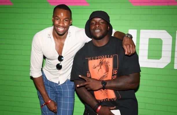 Bayo Akinfenwa and Emeka Okorocha attend the Oval Invincibles Men v Manchester Originals Men - The Hundred, at The Kia Oval on July 22, 2021 in...