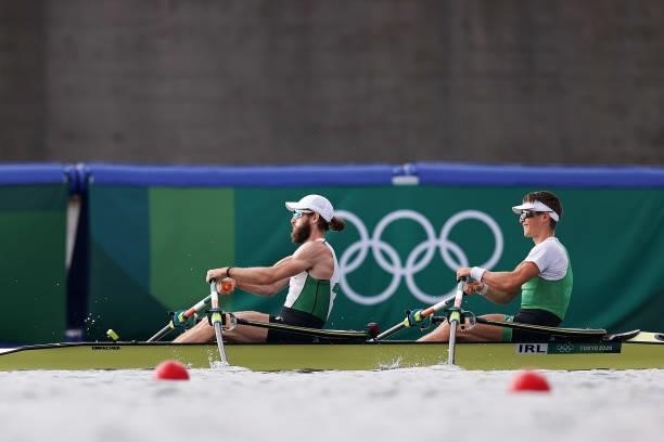 Paul O'Donovan and Fintan McCarthy of Team Ireland Lightweight Men's Double Sculls train prior to competition on Day 0 of the Tokyo 2020 Olympic...