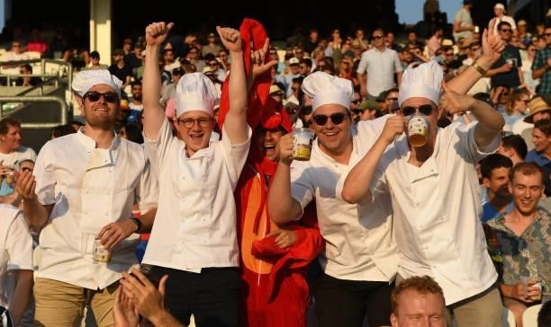 Spectators cheer during the Hundred match between Oval Invincibles and Manchester Originals at The Kia Oval on July 22, 2021 in London, England.