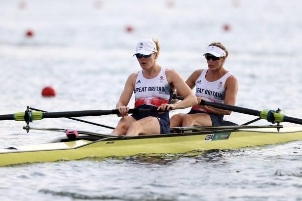 Polly Swann and Helen Glover of Team Great Britain Women's Pair train prior to competition on Day 0 of the Tokyo 2020 Olympic Games at Sea Forest...