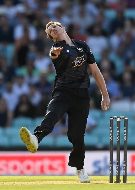 Fred Klaassen of Manchester Originals bowls during the Hundred match between Oval Invincibles and Manchester Originals at The Kia Oval on July 22,...