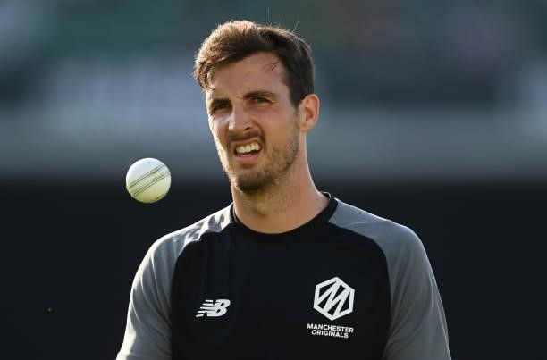 Steven Finn of Manchester Originals looks on before the Hundred match between Oval Invincibles and Manchester Originals at The Kia Oval on July 22,...