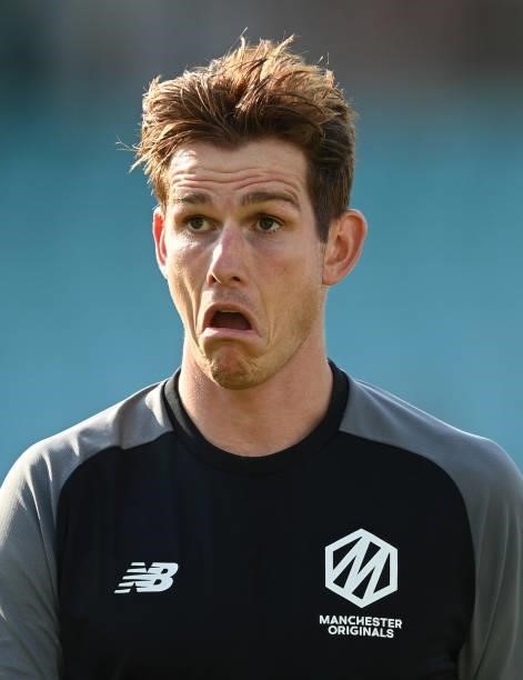 Fred Klaassen of Manchester Originals pulls a face before the Hundred match between Oval Invincibles and Manchester Originals at The Kia Oval on July...