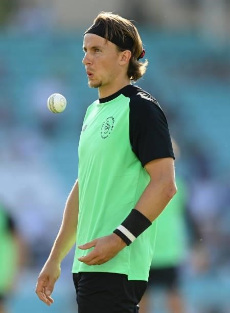 Tom Curran of Oval Invincibles looks on before the Hundred match between Oval Invincibles and Manchester Originals at The Kia Oval on July 22, 2021...
