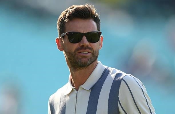 James Anderson looks on before the Hundred match between Oval Invincibles and Manchester Originals at The Kia Oval on July 22, 2021 in London,...