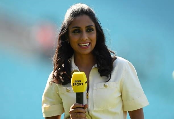 Isa Guha of BBC television looks on before the Hundred match between Oval Invincibles and Manchester Originals at The Kia Oval on July 22, 2021 in...