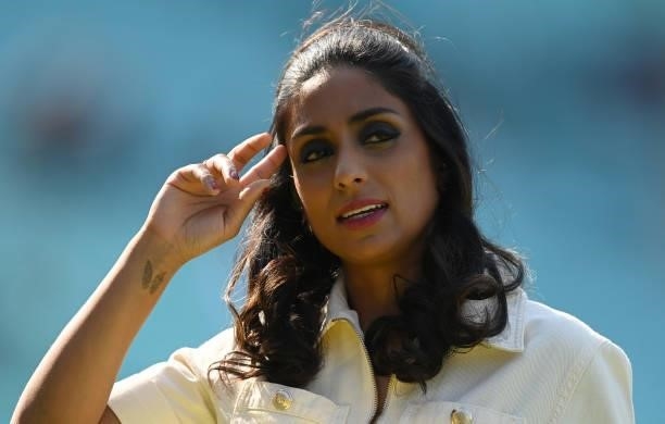 Isa Guha of BBC television looks on before the Hundred match between Oval Invincibles and Manchester Originals at The Kia Oval on July 22, 2021 in...