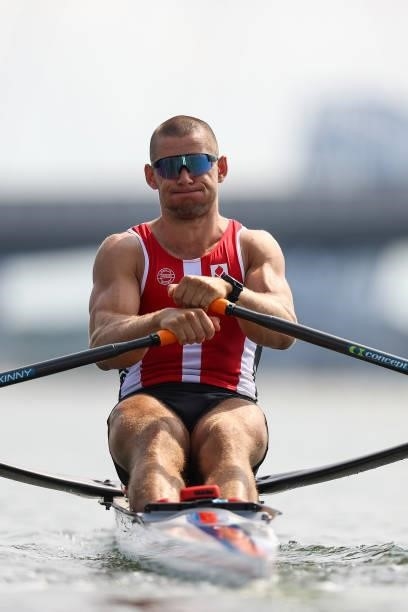Sverri Nielsen of Team Denmark competes during the Men’s Single Sculls Heat 3 on Day 0 of the Tokyo 2020 Olympic Games at Sea Forest Waterway on July...