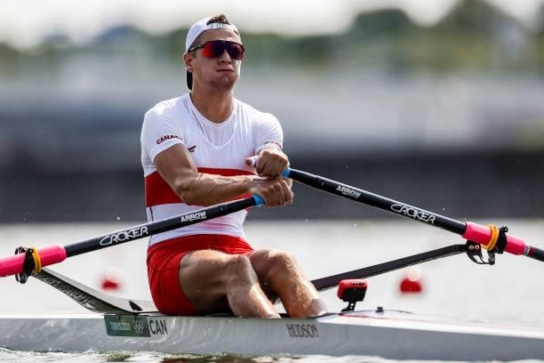Trevor Jones of Team Canada competes during the Men’s Single Sculls Heat 4 on Day 0 of the Tokyo 2020 Olympic Games at Sea Forest Waterway on July...