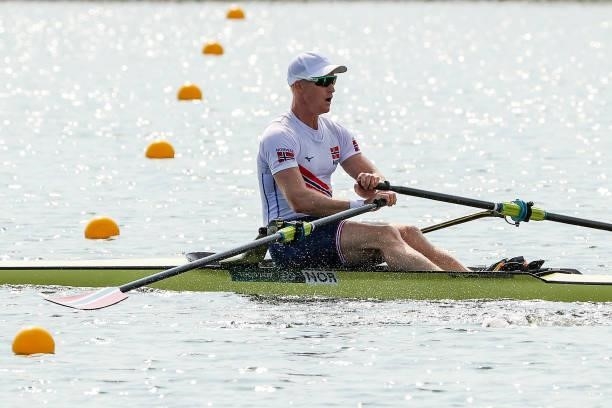 Kjetil Borch of Team Norway competes during the Men’s Single Sculls Heat 1 on Day 0 of the Tokyo 2020 Olympic Games at Sea Forest Waterway on July...