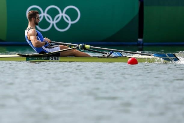 Stefanos Ntouskos of Team Greece competes during the Men’s Single Sculls Heat 2 on Day 0 of the Tokyo 2020 Olympic Games at Sea Forest Waterway on...
