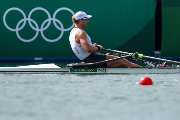 Jordan Parry of Team New Zealand competes during the Men’s Single Sculls Heat 2 on Day 0 of the Tokyo 2020 Olympic Games at Sea Forest Waterway on...